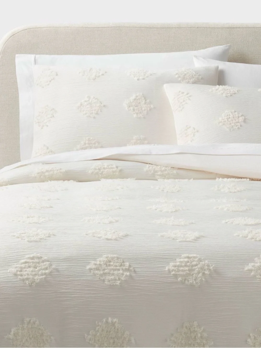 King Tufted Diamond Crinkle Duvet Cover Set Cream